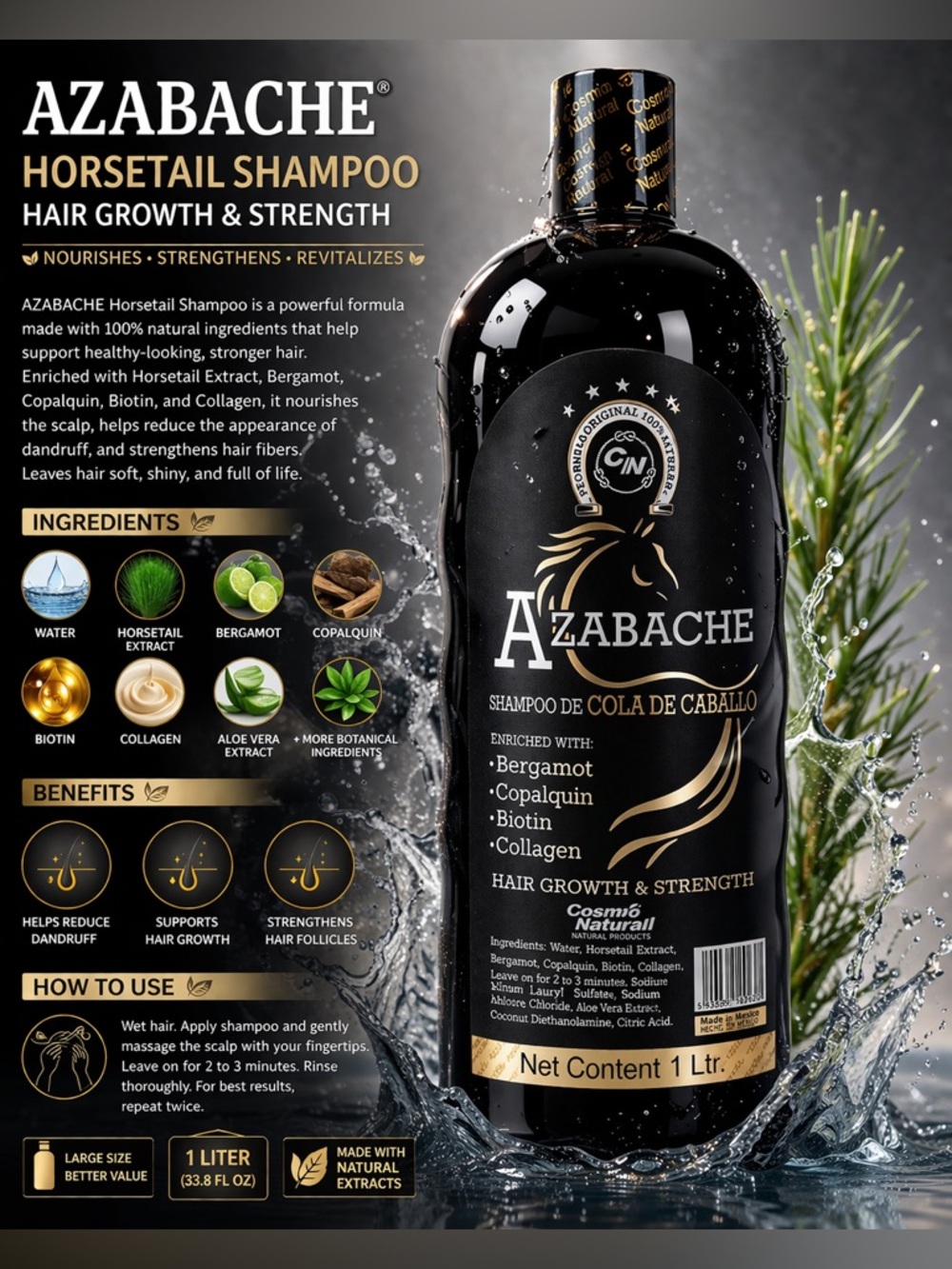 AZABACHE Hair Growth Strength Shampoo 1L Bergamot Biotin Collagen Aloe Vera